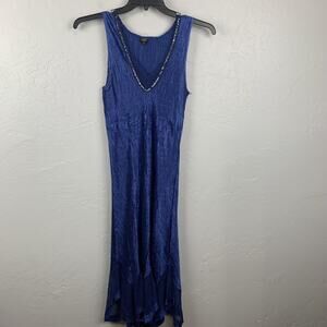 Komarov Dress Womens Large Blue Pleated Crinkle Maxi Asymmetrical Hem Sequin